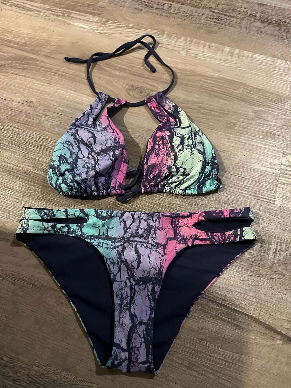 Guria Beachwear Halter Bikini Set in Multicolored Abstract Crackle Print
